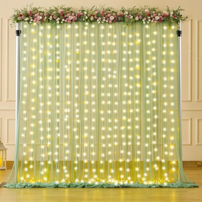 6 Panels Sage Green Sheer Tulle Backdrop Curtains with Lights for Party Wedding Wrinkle Free Curtain Backdrops Drapes for Baby Shower Birthday Photo Back Drop Background Home Decorations 30ft x 8ft