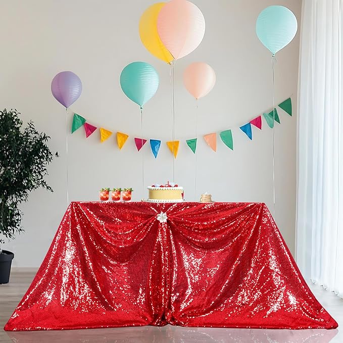 PartyDelight Sequin Tablecloth Red Rectangle 50"x80" Shimmer Table Cloths Sparkle Glitter Decorations