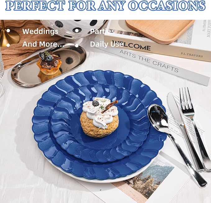 Lullaby 60PCS Navy Blue Scalloped Plastic Plates, Disposable Elegant Party Plates Include 30pcs Dinner Plate 10.25", 30pcs Plastic Dessert Plate 7.5", Perfect for Wedding and Party