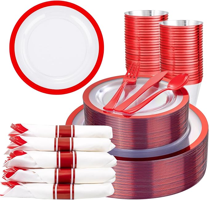 Liacere 350PCS Clear and Red Plastic Plates and Napkins for 50Guests Plastic Dinnerware Set-100 Red Disposable Plates 50 Pre Rolled Silverware Set,50 Cups for Party & Wedding & Labor Day
