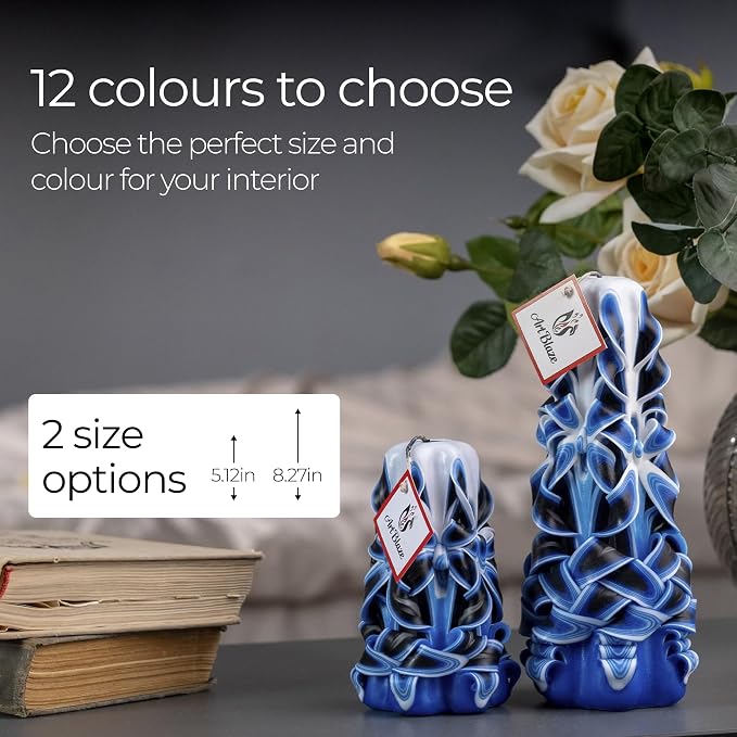Carved Candles - Handmade Decorative Large Candle – Tall Long Burning Cute Spiral Candles for Women – Table Candle for Home Decor, Cozy Cottage Core Gift - Christmas Gift for Mom - Blue