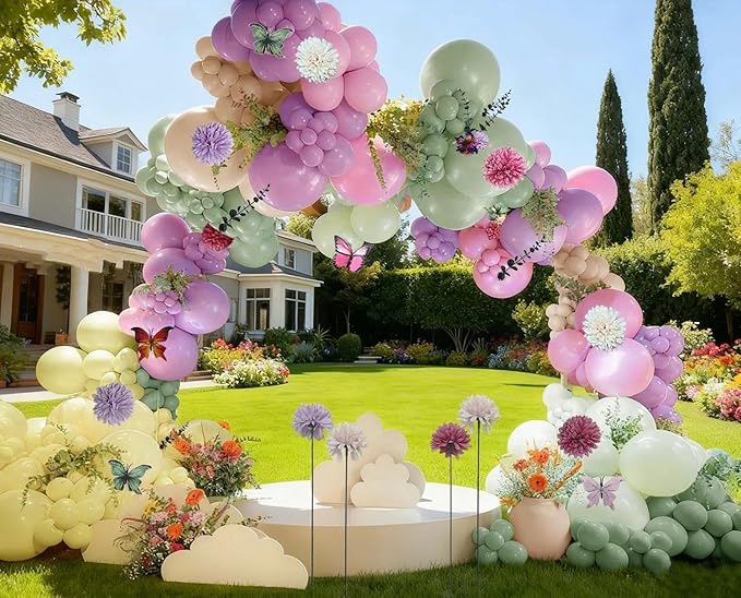 Green Pink Purple Balloon Arch Double Stuffed Pink Yellow Sand White Balloon Garland with Bionic Flower Leaf Butterfly Stickers for Spring Birthday Garden Wildflower Baby Shower Easter Party Decor
