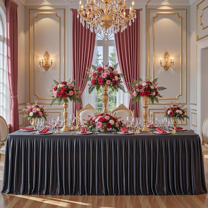 Wish Care 4 Pack Satin Table Cover Skirts for 6ft Rectangular Tables, Black Shimmer Silk Tablecloth with Floor Length Ruffle for Wedding Banquet Party Buffet Decoration