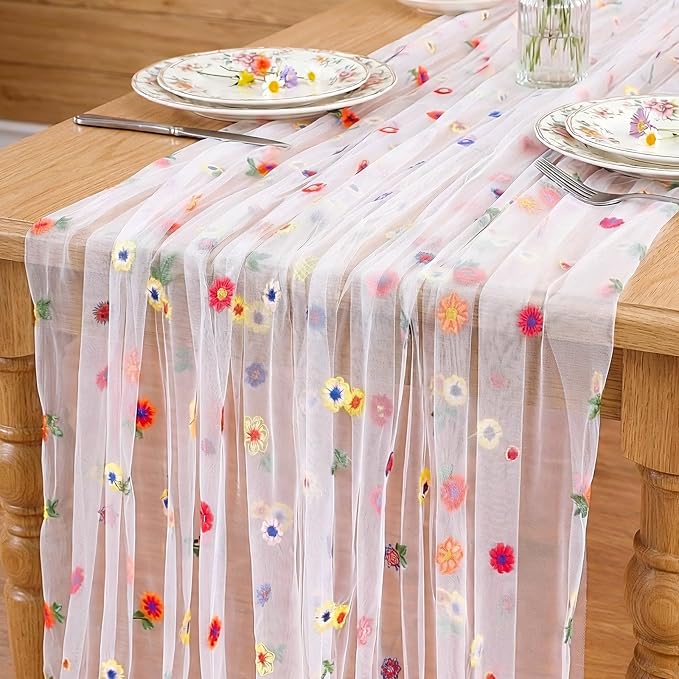 White Floral Table Runner Sheer Embroidery 120 Inches Long Tulle Table Overlay for Boho Wedding Birthday Party Spring Dining Table Decor