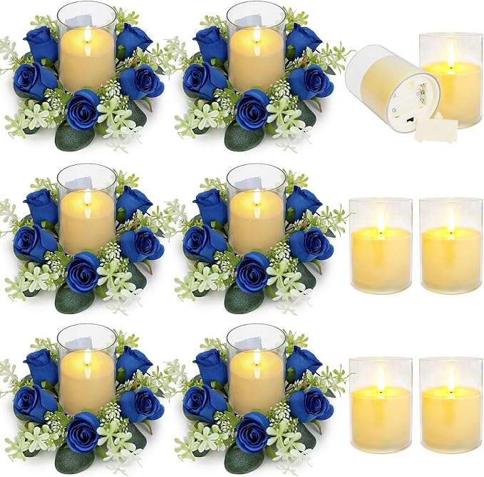 6 Sets Artificial Roses Candle Rings - Roses Floral Rings Wreaths with LED Candles Eucalyptus for Centerpieces Table Cabinets Front Doors Wedding Home Party Decor - Royal Blue