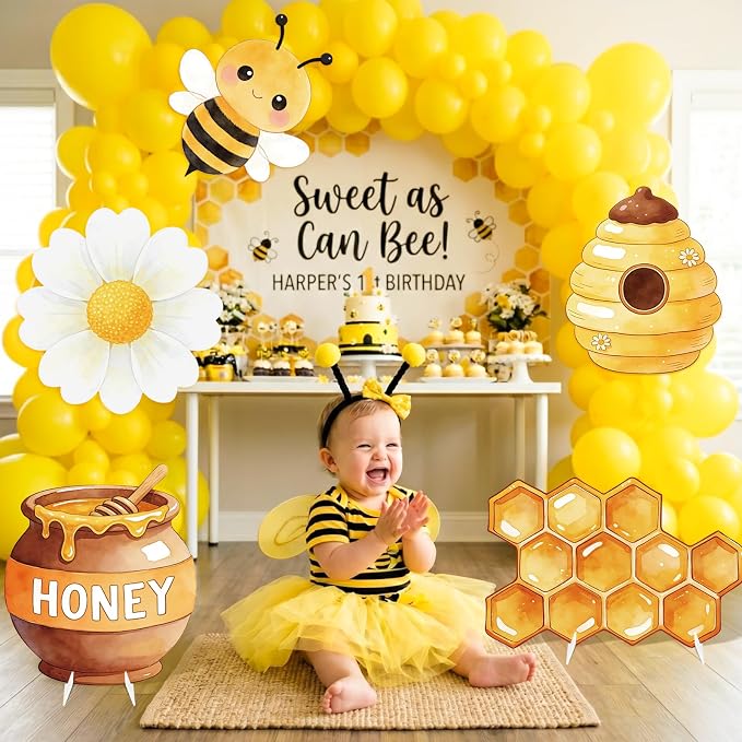 5PCS Bee Party Decorations, What Will Baby Bee Gender Reveal Decorations, Corrugated Plastic Honeybee Cardboard Cutouts for First Bee Day Birthday Party Baby Shower Photo Props Centerpieces