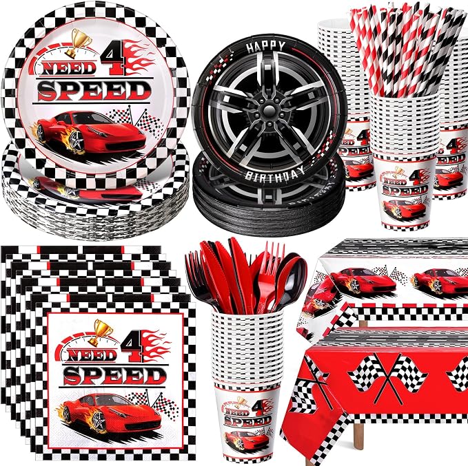 LemonRoad 452 Pcs Need Four Speed Birthday Decorations 4th Race Car Party Tableware Disposable Paper Plates and Napkins Set Need 4 Speed Decorations for Boy Kids Race Car 4 Years Birthday