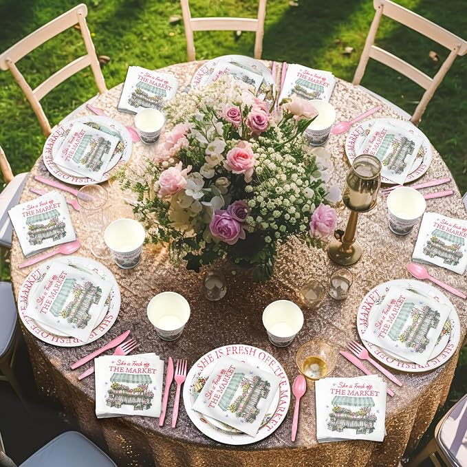 Yungyan 252 Pcs She Is Fresh off the Market Bridal Shower Party Tableware Set Included Plates Napkins Cups Forks Knives Cutlery for Party Decorations Supplies 36 guests