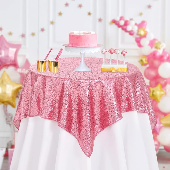 B-COOL Sequin Tablecloth Overlay Fuchsia Pink Glitz Linen Luxurious Square Overlay Celebrations Exhibition Wedding Covers Valentines Day 50 by 50
