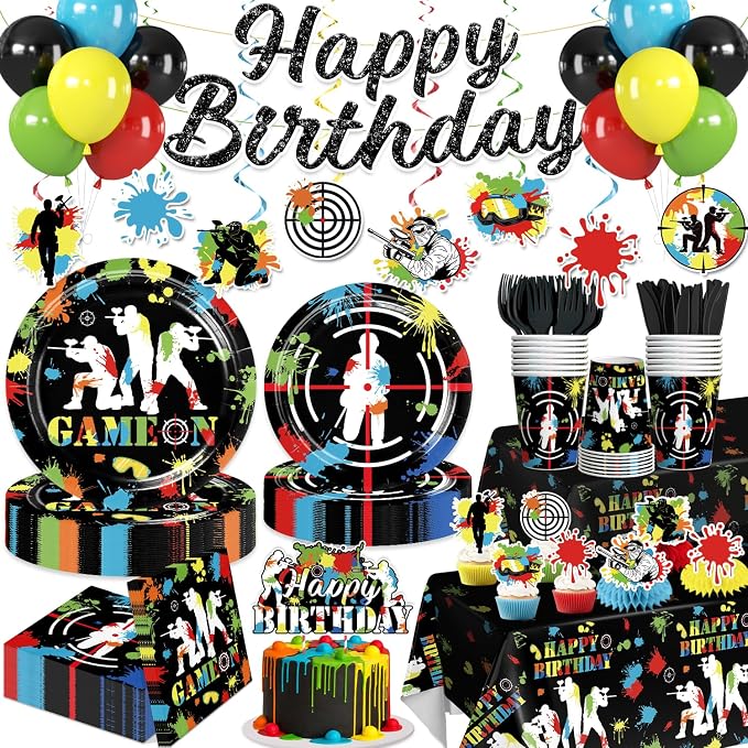 Paintball Birthday Party Decorations for 25 Guests, 219PCS All-in-One Colorful Paint Splash Shooting Game Theme Party Supplies Set with Plates, Balloons, Banner, Cake Topper, and Tablecloths