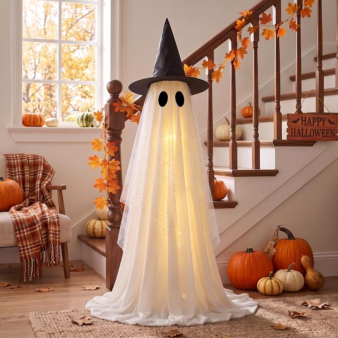 Halloween Decorations Outdoor, Spooky Ghost Halloween Decor with Witch Hat | Set of 2, Adjustable Height,Remote Control & Timer,Unique Ghost & Witch Fusion Design, Sparkling Sheer Tulle and White Fabric