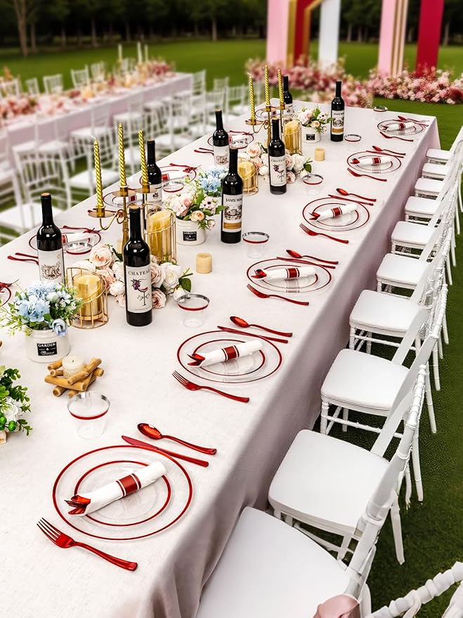 BESTVIP 700PCS Disposable Clear Red Dinnerware Sets for 100 Guests, Plastic Plates for Party, 200 Plastic Plates,100 Cups, 100 Pre-Rolled Napkins with Cutlery for Parties, Christmas, Wedding