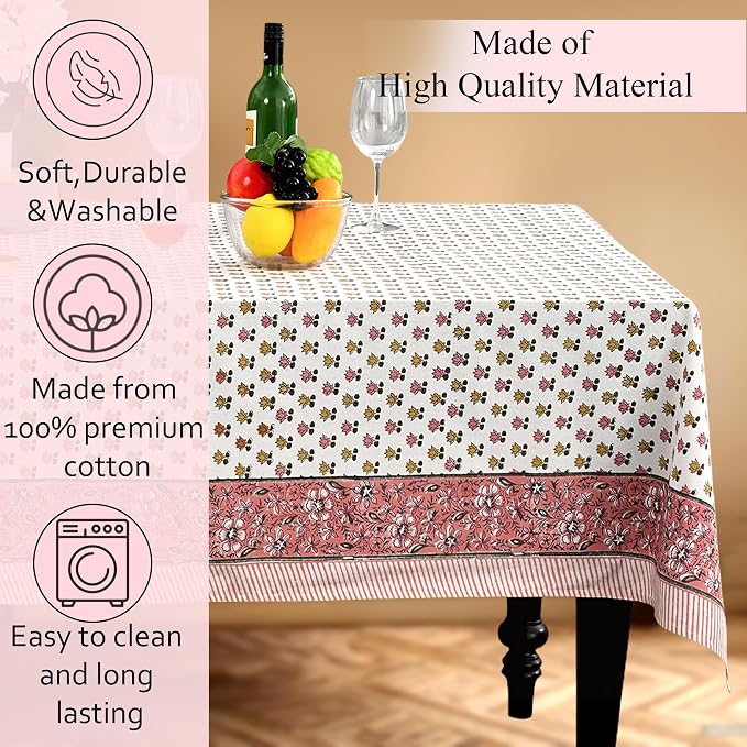 CPC Rosette Bloom Tablecloth 100% Cotton 72x140 Inch Indian Block Print Rectangle Table Cover, Table Cloth for Gifting in Weddings, Halloween, Fall, Christmas, Thanksgiving