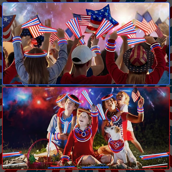 480 Pack 4th of July Glow Sticks Party Favors with Connectors,Patriotic Red White Blue Glow Stick Bracelets Nacklaces Glow in the Dark Accessories 250th Anniversary USA Independence Day Decorations