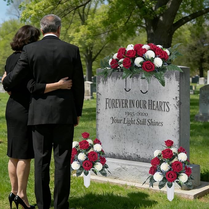 Artificial Cemetery Flower Headstone Flower Saddle 2 Chrysanthemum Rose Bouquets with Vase Memorial Flowers Grave Saddles for Headstone Outdoor Grave Tombstone Decor (Red White)