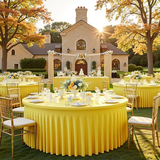 4 Pack Yellow 60 inch Round Spandex Tablecloth,Wrinkle-Free Stretchy Fitted 5FT Round Tables,Elastic Edge with Skirt,Washable Tablecloths for Wedding Banquet Party Birthday Buffet