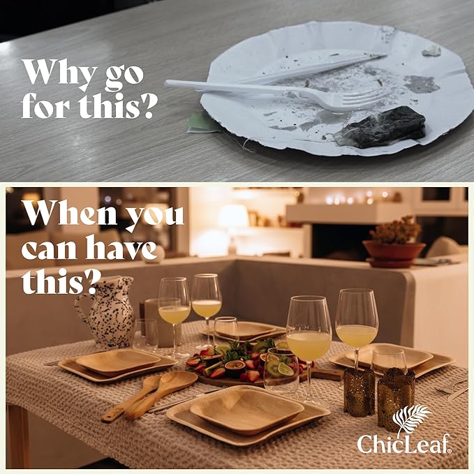 Chic Leaf 6-Inch Palm Leaf Plates, 50-Pack -Fully Compostable Disposable Appetizer and Dessert Plates, Heavy Duty Bamboo-Style Dinnerware for Weddings Parties Charcuterie and Tastings, Microwave Safe