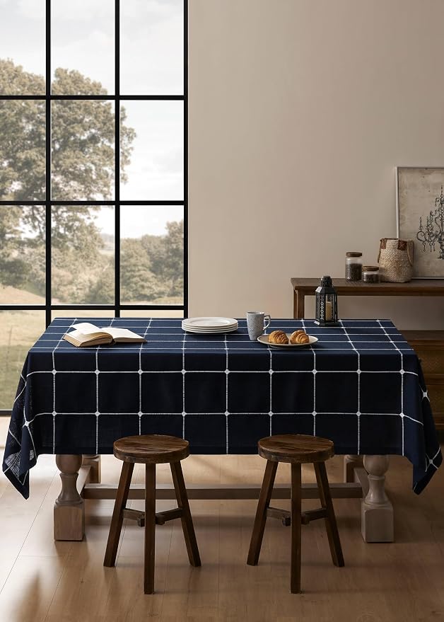 ZeeMart Grid Embroidered Hemmed Tablecloths, Navy 60x120 Inch, Farmhouse Style Heavy Weight Cotton Linen Navy Blue Tablecloths, Boho Plaid Water Resistant Rectangle Table Cloth