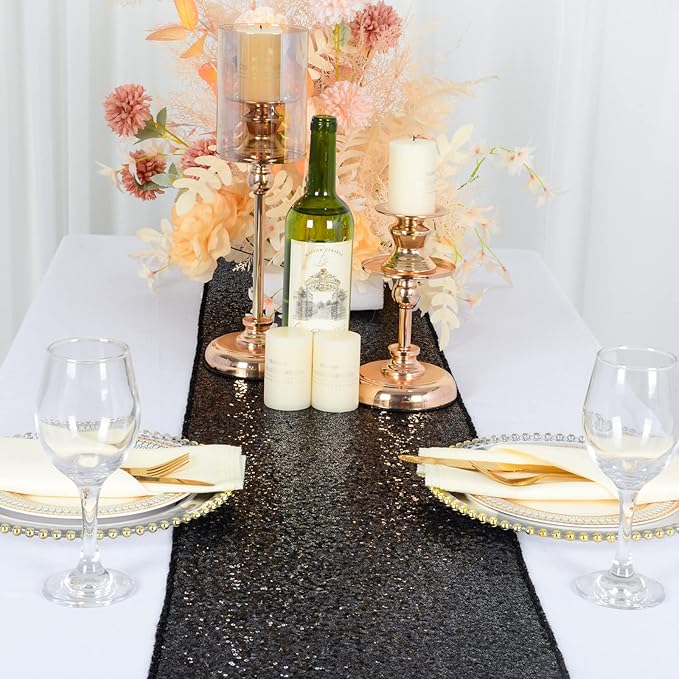 ShinyBeauty Black Table Runner 12" x 108" Sequin Table Runner Glitter Runner for Table Fall Table Runner Halloween Party Table Overlay