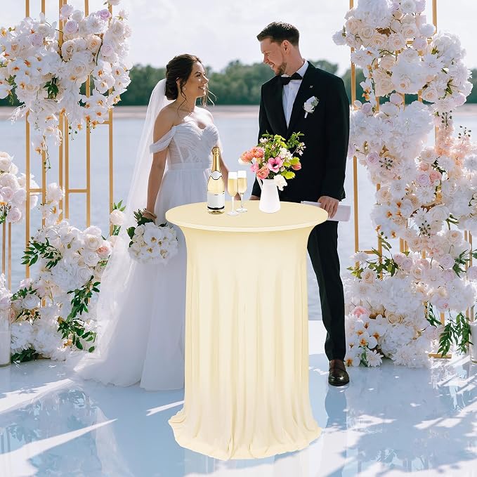 Kochorie 6 Pieces Cocktail Table Skirt Round Cocktail Table Covers 32 x 43 Inch Spandex Stretch High Top Table Cloth for Wedding Table Bar Banquet Party Supplies (Champagne)