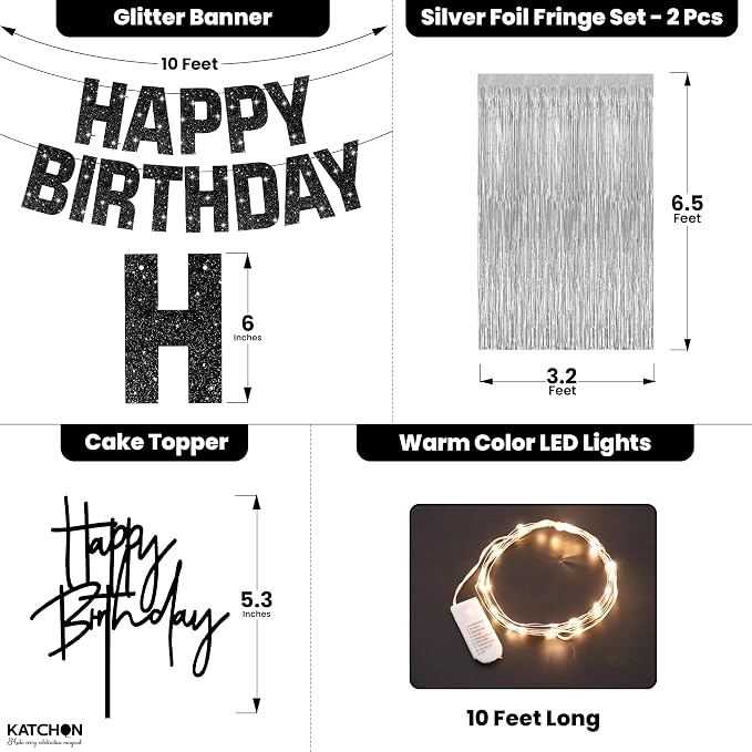 KatchOn, Black and Silver Happy Birthday Banner, Pack of 5 | Silver Fringe Backdrop, LED Lights & Cake Topper | Birthday Decorations, Party Decor for Men, Women, Girls & Boys