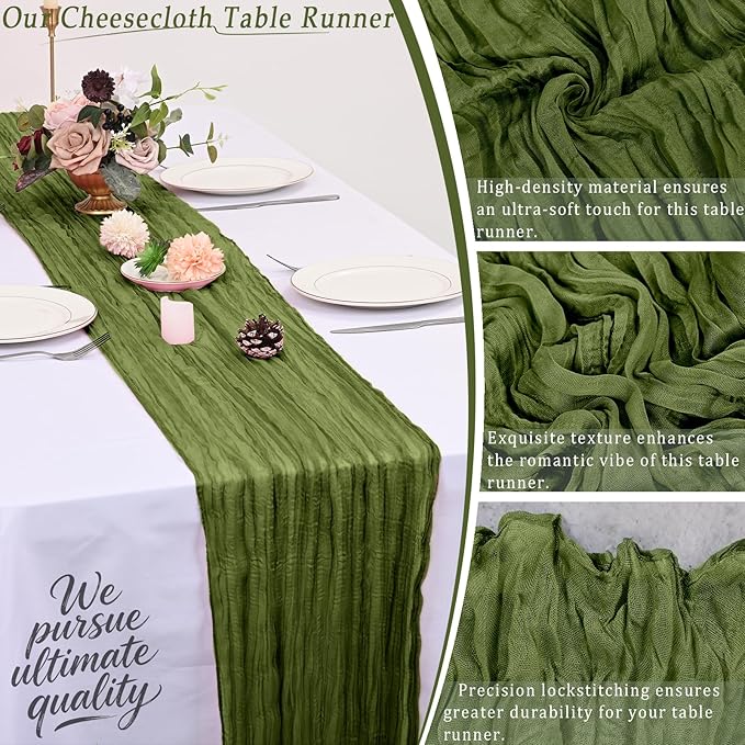 10 Pack Olive Green Cheesecloth Table Runner 17x108 Inch Semi Sheer Boho Rustic Gauze Cheese Cloth Table Runners for Wedding Party Birthday Baby Shower Home Décor