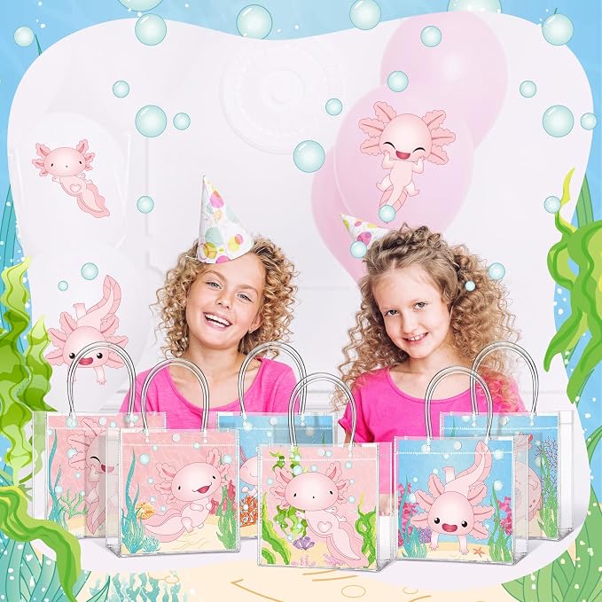 Teenyyou 24 Pcs Axolotl Party Favor Bags Amphibian Clear PVC Gift Bags with Handles for Birthday Party Decorations