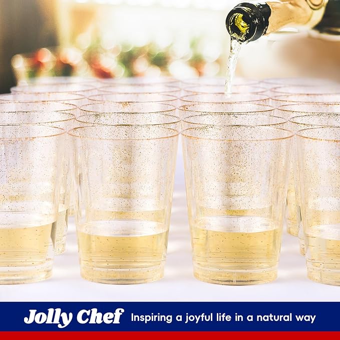 JOLLY CHEF 200 Pack 10 oz Gold Plastic Cups, Disposable Gold Glitter Plastic Cups, Clear Tumblers for Weddings Thanksgiving, Christmas Parties
