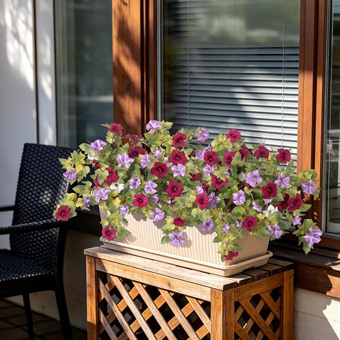 Ammyoo Artificial Fall Flowers Fake Petunias Plants for Outdoor Decoration | 2 Pcs UV Resistant Faux Silk Flowers No Fade Floral for Garden Balcony Yard Porch Realistic Indoor Decor (Burgundy Purple)