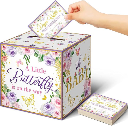 Teling 51 Pieces Diaper Raffle Tickets with Card Box Baby Shower Decorations Baby Shower Holder Box for Girl Boy Diaper Raffle Party(Butterfly Style)