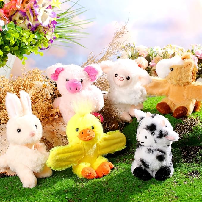 Gemscream 6 Pcs Stuffed Animal Slap Bracelets for Kids, 8 Inch Back to School Small Classroom Prizes Toy, Wrist Snap Bracelets Birthday Gifts for Boys Girls Pet Adoption Party Favors(Farm Animals)