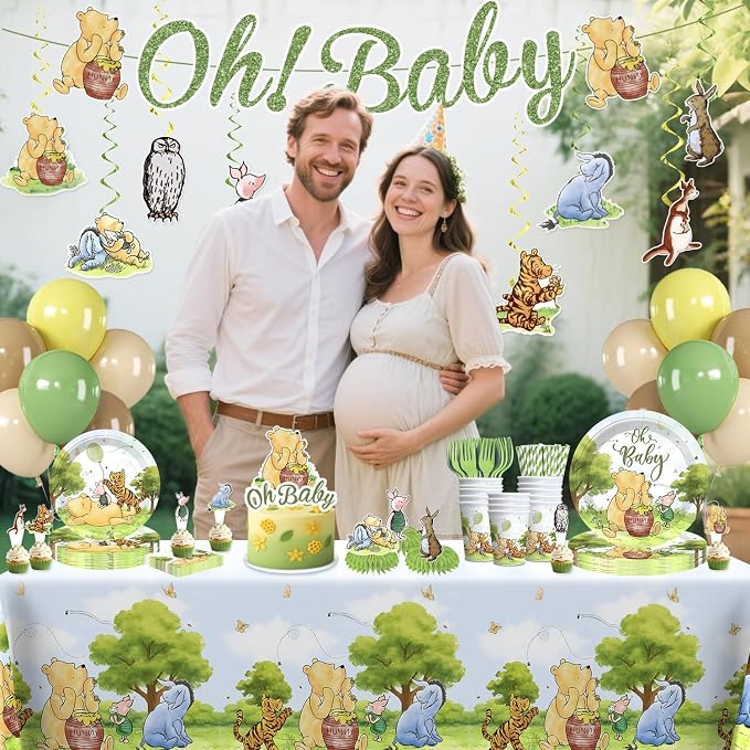 Xynic 343pcs Classic Bear Baby Shower Decorations Complete Party Set for 50 Guests, Classic Pooh Disposable Plates, Banner, Tablecloth, All-in-one Vintage Bear Baby Shower Decorations