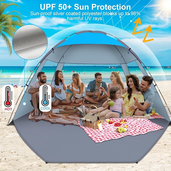 Gorich Beach Tent Sun Shelter for 3/4/6/8/10 Person with UPF 50＋ UV Protection, Lightweight & Easy Setup Beach Shade Canopy, Portable Beach Shade Tent Beach Cabana