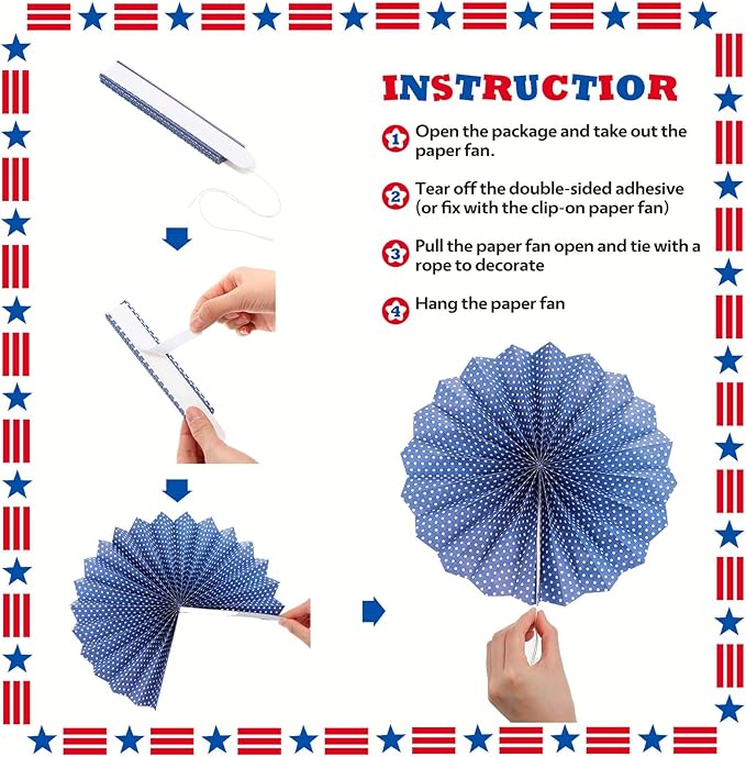 Tinlade 31 Pcs 4th of July Patriotic Decorations Red White Blue Hanging Paper Fans Porch Door Decor for 250 Anniversary Fourth of July Memorial Day USA Independence Day American Party Supplies