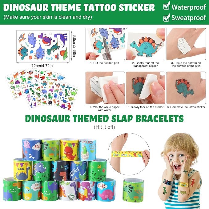 Hungdao 178 Pcs Dinosaur Birthday Party Favors for 16 Kids with Dinosaur Keychain Sticker Stamp Ring Slap Bracelet Tattoo Sticker Gift Bag Tag for Boys and Girls Party Carnival Gift Fillers