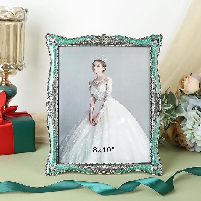 8x10 Vintage Green Enamel Metal Picture Frame Unique Ornate Gemstone Photo Frames with Glass Front, Tabletop Art Decoration, Creative Gifts for Women, Horizontally & Vertically