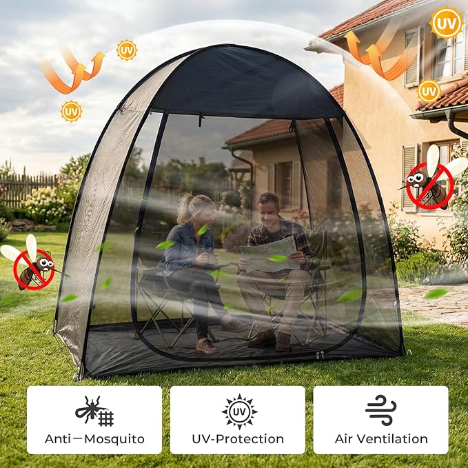 Alvantor® Pop Up Screen House Tent 6x6 FT, Snap-fit Black Mesh Screen Gazebo with Peaked Roof, Portable Screen Room Canopy Shelter with Sunshade & Sandbags for Camping, Backyard, Picnic