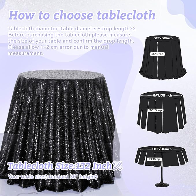 B-COOL Round Tablecloth Sequin Draping Decorations: 132 Inch Tablecloths Black Sequence Overlay Shimmer Fabric for Birthday Dinner Parties Halloween