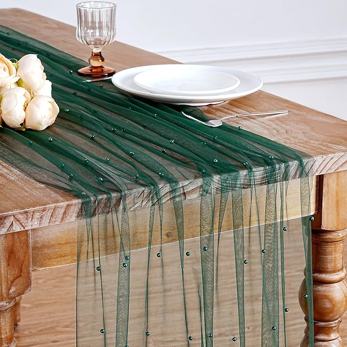 Pearl Tulle Table Runner Fabric: 10ft Seasonal Veil Dessert Lace Chiffon Boho Glitter Overlay Wedding Aisle Runner Party St. Patrick's Day Decorations Doilies Emerald Green