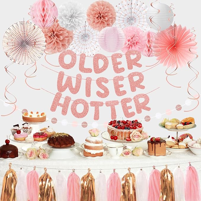 Roetyce Birthday Party Decorations, Rose Gold Glitter Older Wiser Hotter Banner Photo Background for Women, Funny Happy Birthday Backdrop Decor, Pink 30th 40th 50th 60th 70th 80th Party Supplies