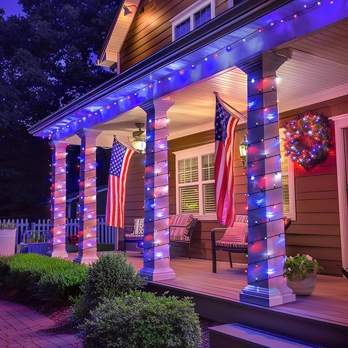 JMEXSUSS 2 Pack Red White and Blue Solar Lights 100LED 33ft Patriot Solar String Lights Waterproof, 8 Modes 4th of July Lights for Independence Day, Gardens, Tree, Outdoor 4th of July Decorations