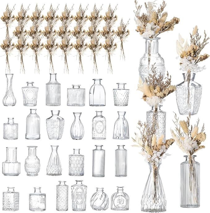 Yerliker 48pcs Glass Bud Vase Set with Dried Flower Bouquet Wedding Centerpieces for Tables, Mini Clear Bud Vases Boho Dried Flower for Centerpieces Rustic Wedding Birthday Party Anniversary Decor