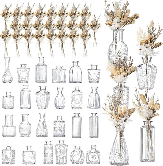 Yerliker 48pcs Glass Bud Vase Set with Dried Flower Bouquet Wedding Centerpieces for Tables, Mini Clear Bud Vases Boho Dried Flower for Centerpieces Rustic Wedding Birthday Party Anniversary Decor