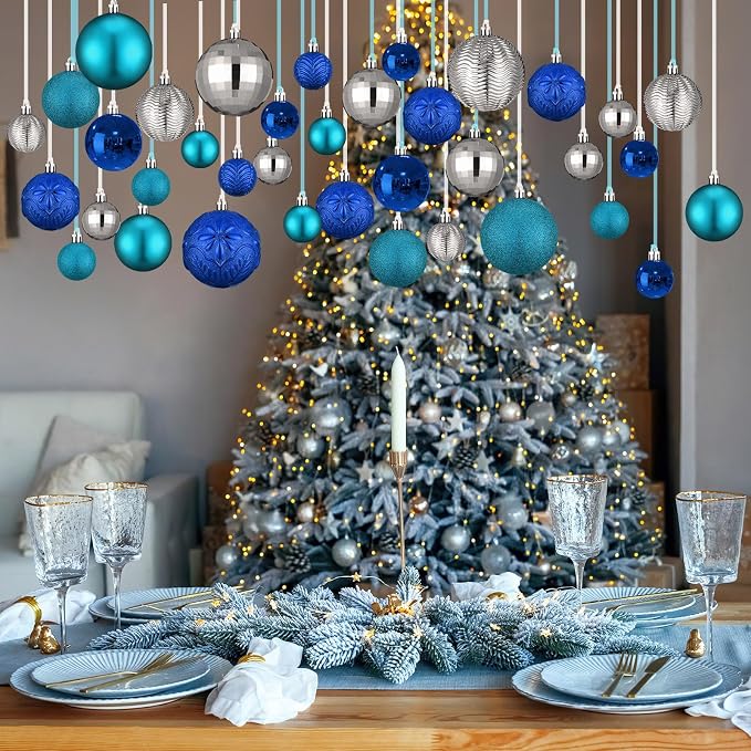 36 Pcs Christmas Balls Ornaments for Ceiling, 1.6'' 2.4'' 3.2'' Large Big Shatterproof Christmas Hanging Decorations Balls for Tree Xmas Holiday Party Indoor(Lake Blue, Navy Blue, Silver)