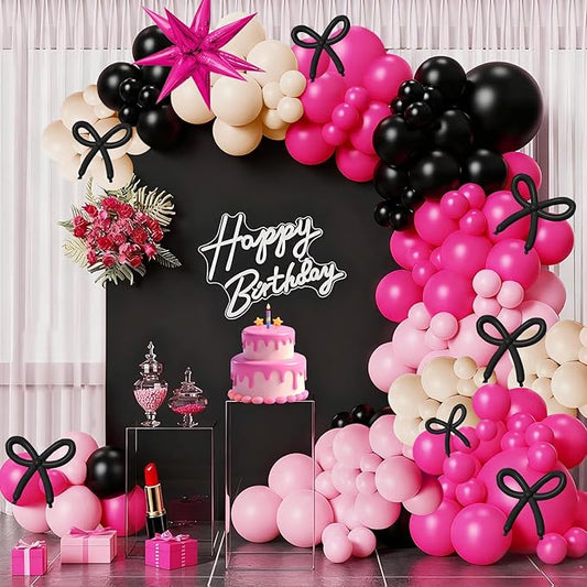ALL IN 1 Hot Pink Black Balloon Garland Arch kit, 158pcs Pink Black Balloon with DIY Bow Star Foil Balloon, for Coquette Birthday Wedding Bridal Shower Halloween Party Decorations Photo Backdrop