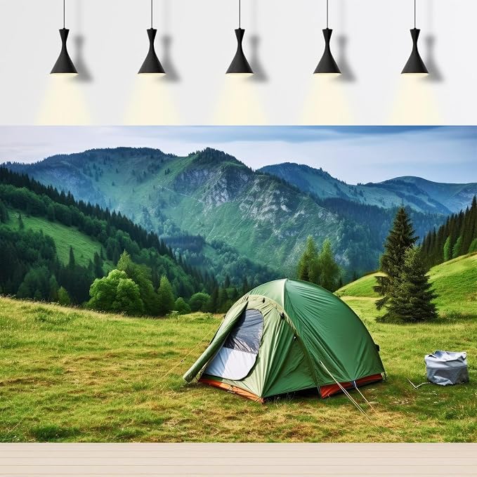 Camping Adventure Backdrop Mountain Forest Outdoor Travel Hiking Photography Background Mountain Pine Trees Nature Landscape Grassland Camp Tents Backdrop Decors Kids Birthday Party Props 15x8ft