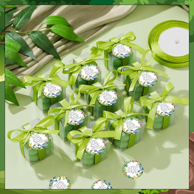 MTLEE 24 Sets Dinosaur Baby Shower Favors Small Bubble Candle Baby Shower Favors for Guests Tea Candles Bulk with Stylish Ribbons Cards Gifts Party Decoration(Army Green,Dinosaur)