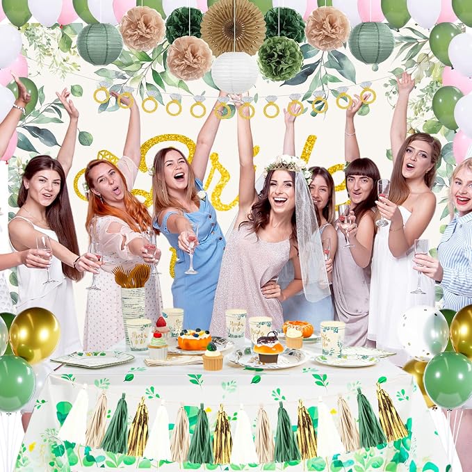 265 Pcs Sage Green Bridal Shower Decorations Eucalyptus Bachelorette Party Decoration Bride to Be Disposable Dinnerware Set with Tablecloth Veil Tablecloth Photo Booth Props, Serve 25 Guest