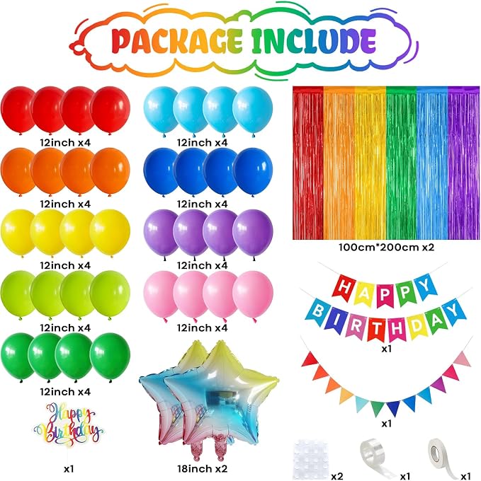 Jobkoo Rainbow Birthday Decorations for Kids, Colorful Party Decor Assorted Color Latex Foil Balloons Fringe Backdrop Happy Birthday Banner Cake Toppers for Boys Girls Carnival Circus Party Supplies