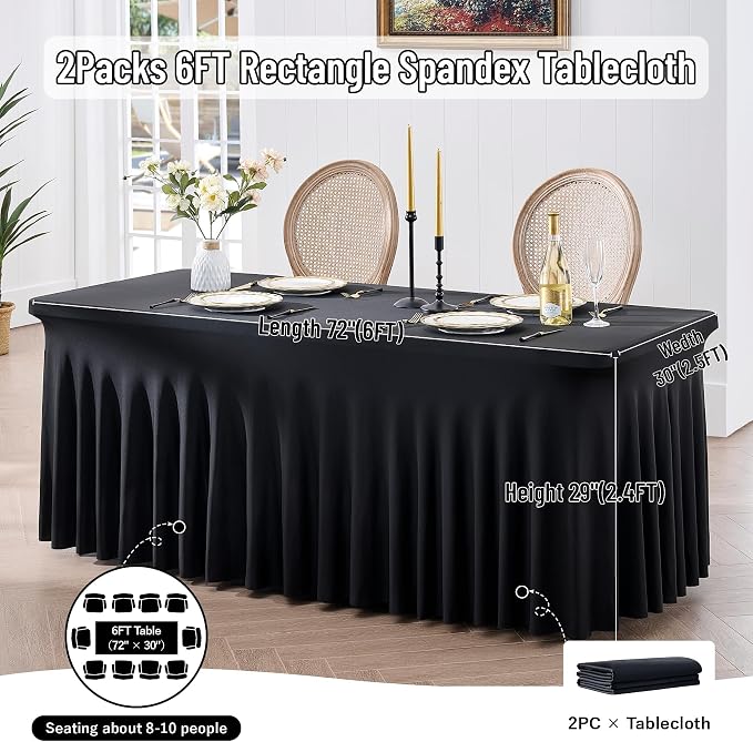 leegleri 2 Pack Black Spandex Table Covers for 6 Foot Rectangle Tables, Wrinkle Free Stretch Tablecloths 6ft, Black Banquet Tablecloth with Skirt for Parties Weddings Birthday